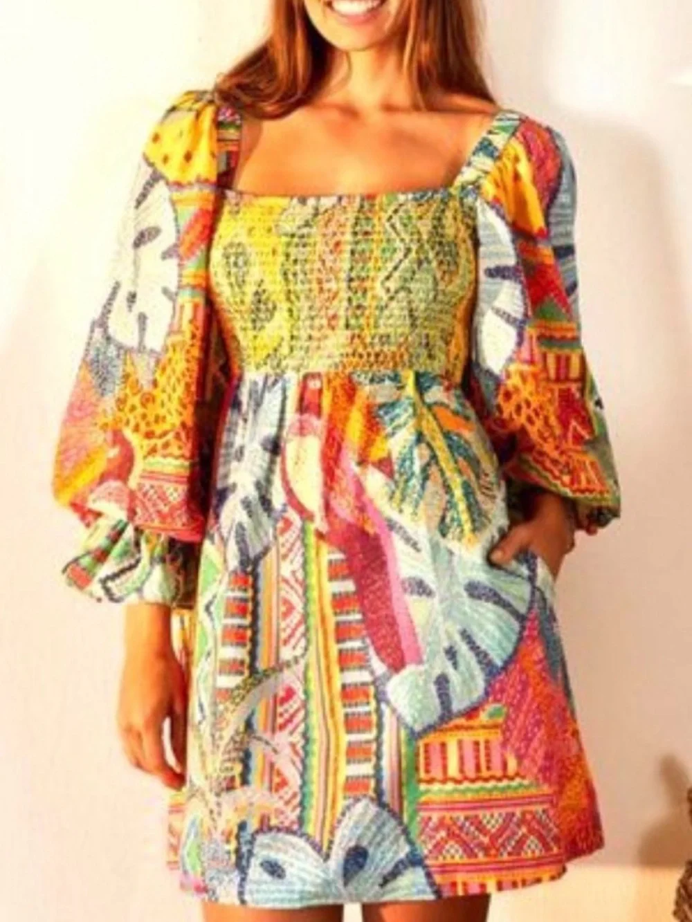 Farm Rio. Women’s Multicolor Boho Smocked Peasant dress - Picture 6 of 16